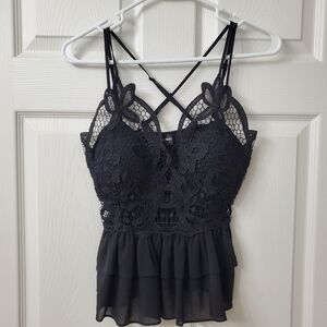 Lulumari Super Sexy Black Lace Detail Peplum Tank Top Size S